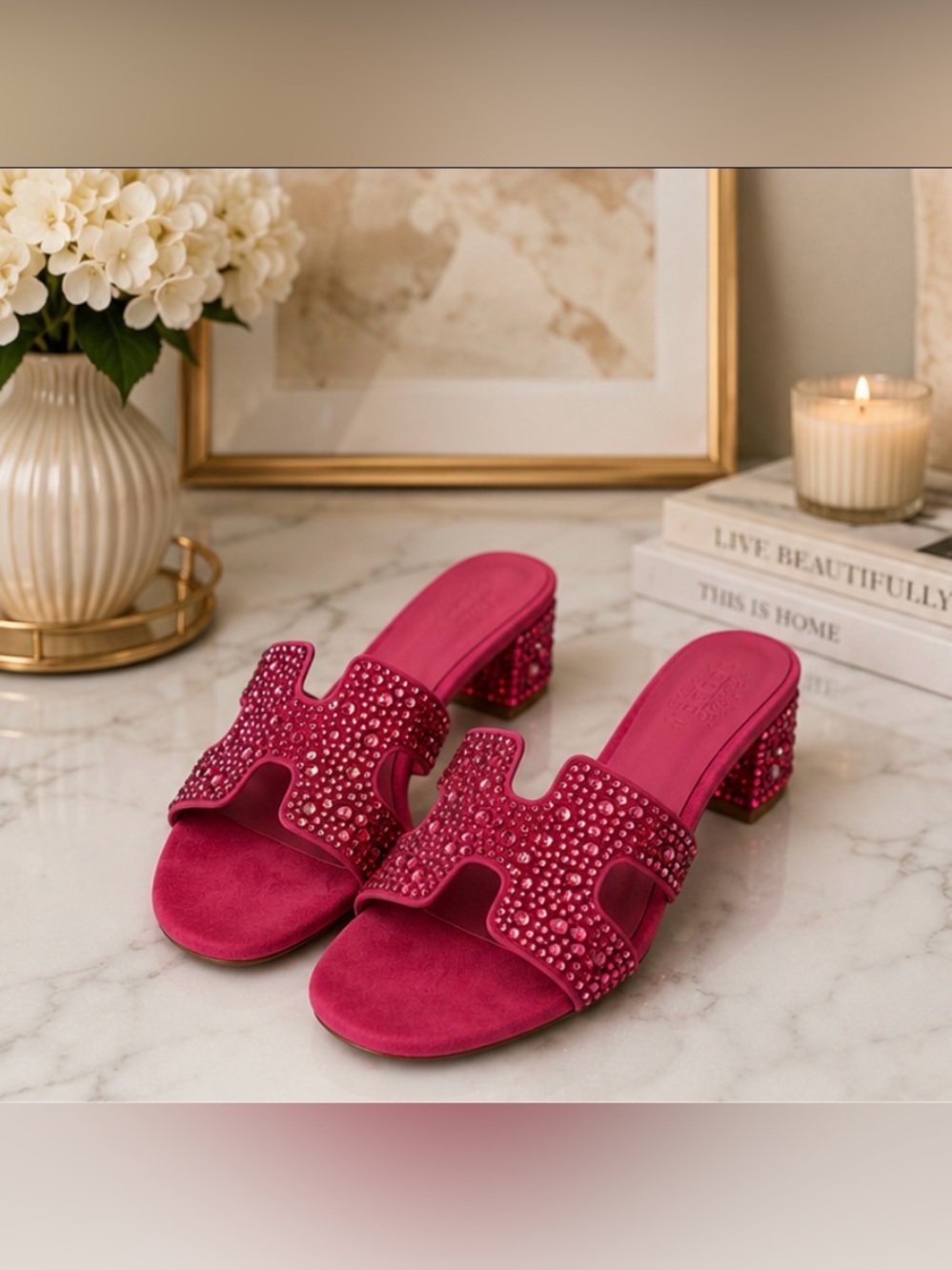 Women’s Hot Pink Crystal-Embellished Block Heel Mules
